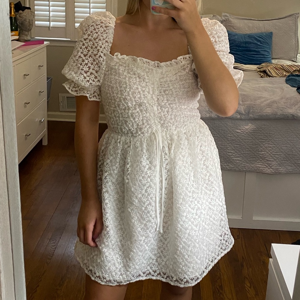 White Floral Dress with Puff Sleeves